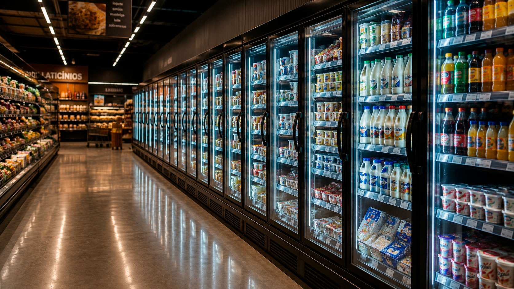 Corredor de expositores refrigerados em supermercado